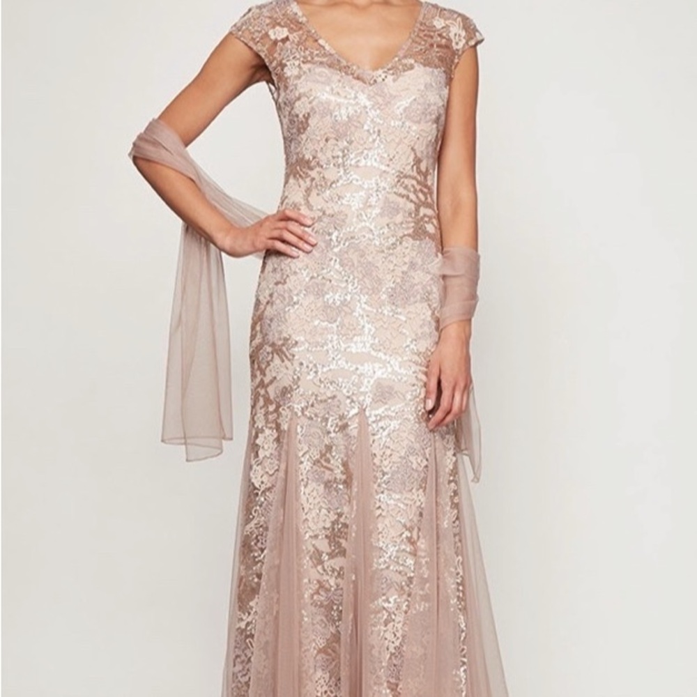 Alex Evenings Pink and Gold Flutter Sleeve V-Neck Gown